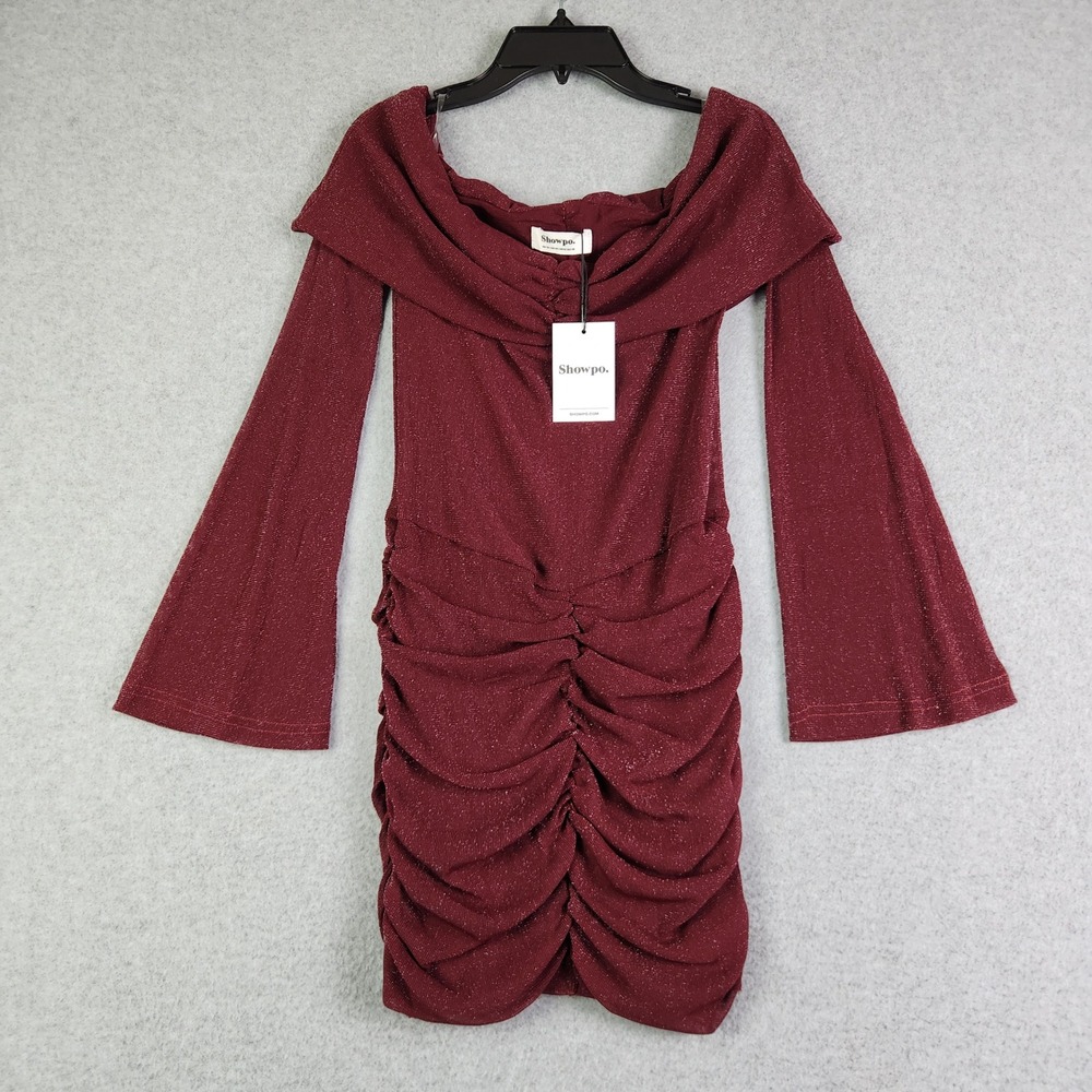 Showpo Rumi Mini Dress Womens 6 Wine Glitter Tulle Ruched Stretch Off Shoulder